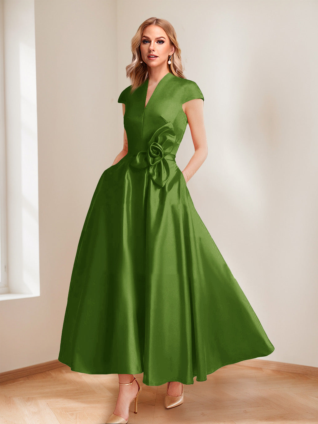 Tina Elise Olive Green front view mother of the bride dress