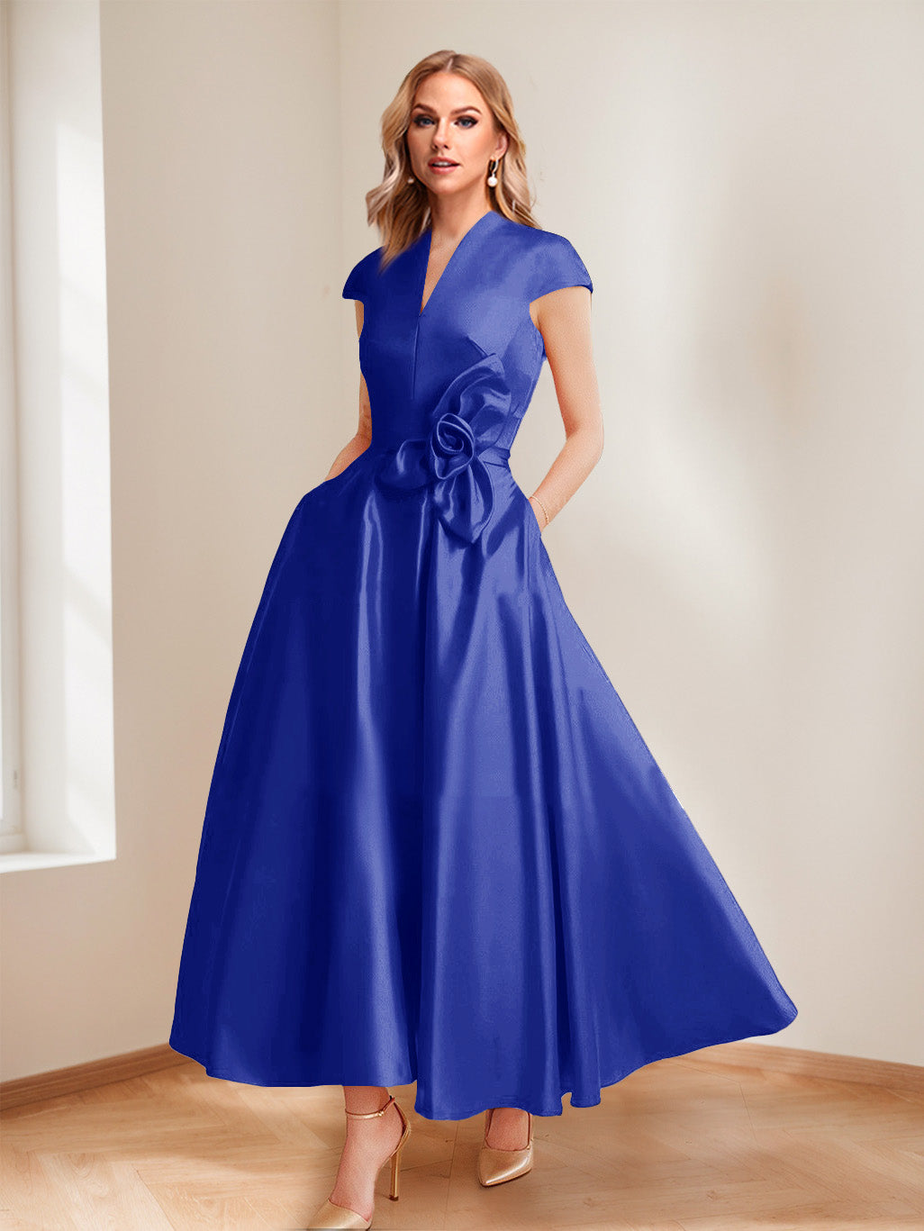 Tina Elise Royal Blue side view mother of the bride dress