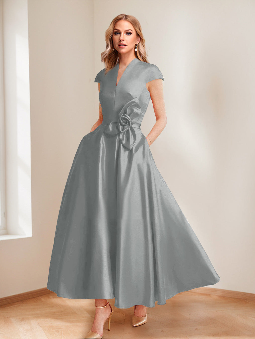 Tina Elise Steel Grey front view mother of the bride dress