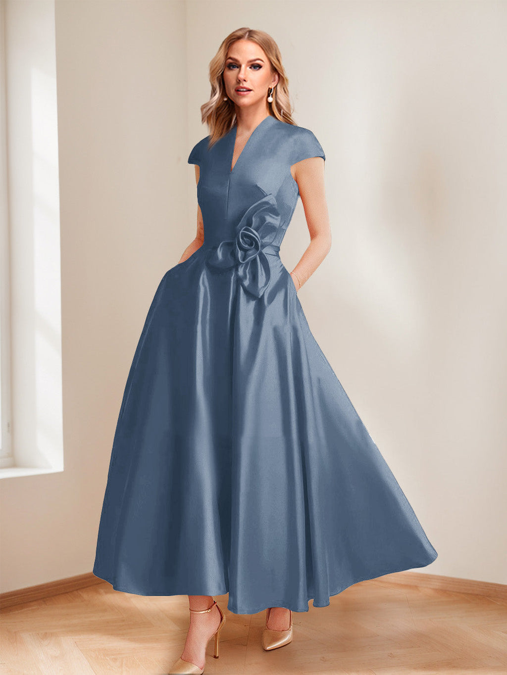 Tina Elise Steel Blue front view mother of the bride dress