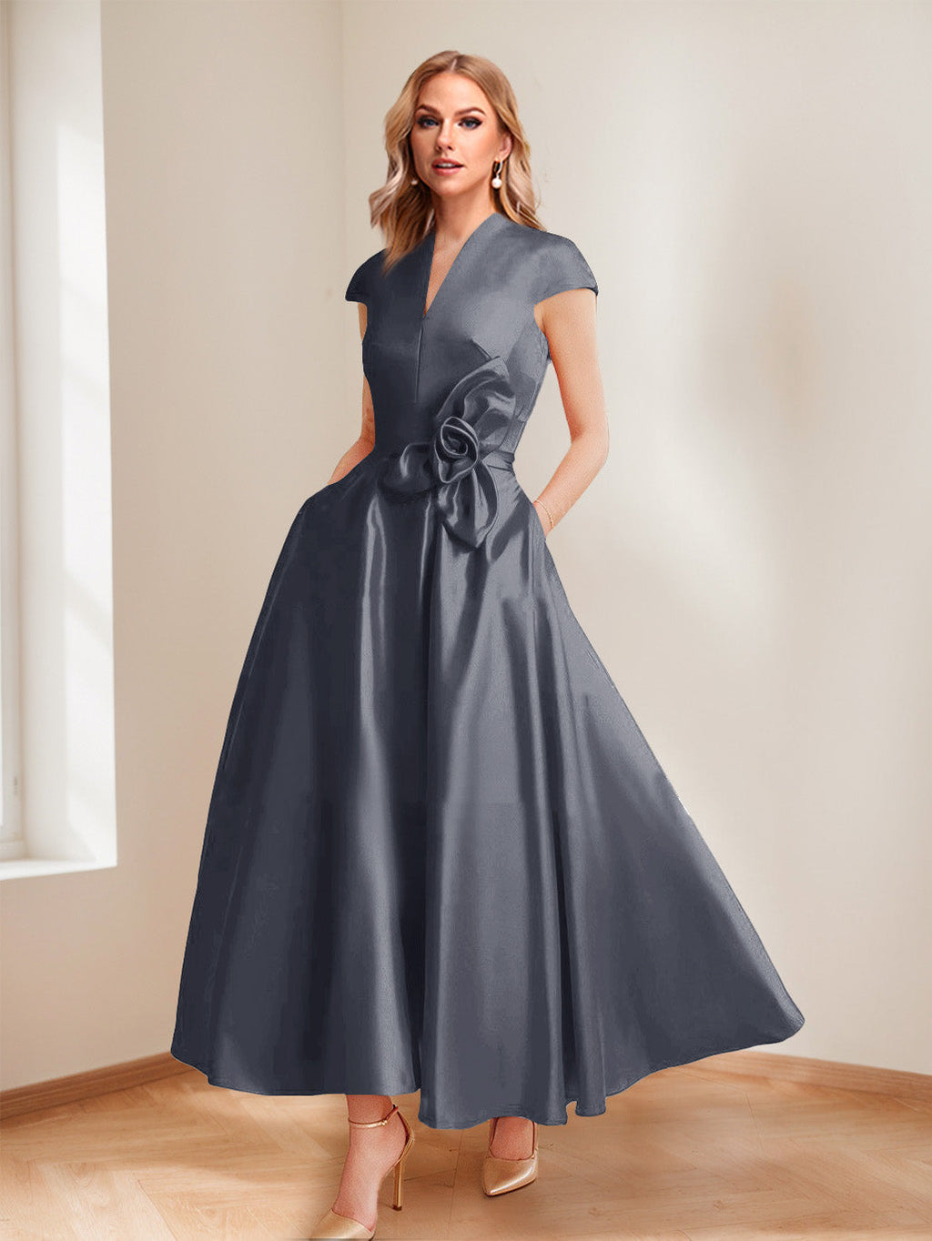 Tina Elise Dusty Blue back view mother of the bride dress