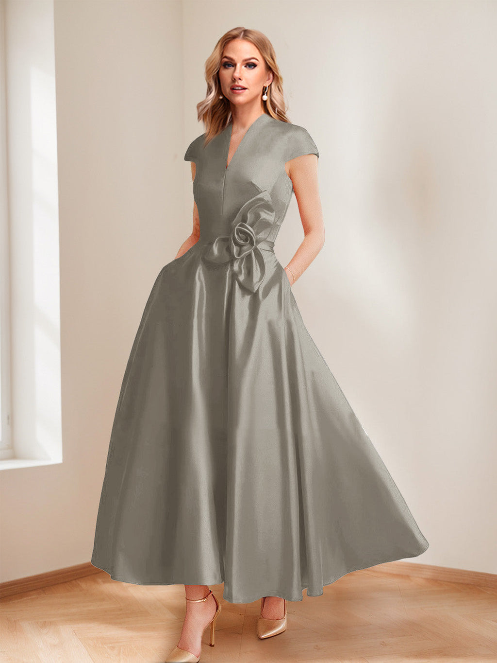 Tina Elise Taupe front view mother of the bride dress