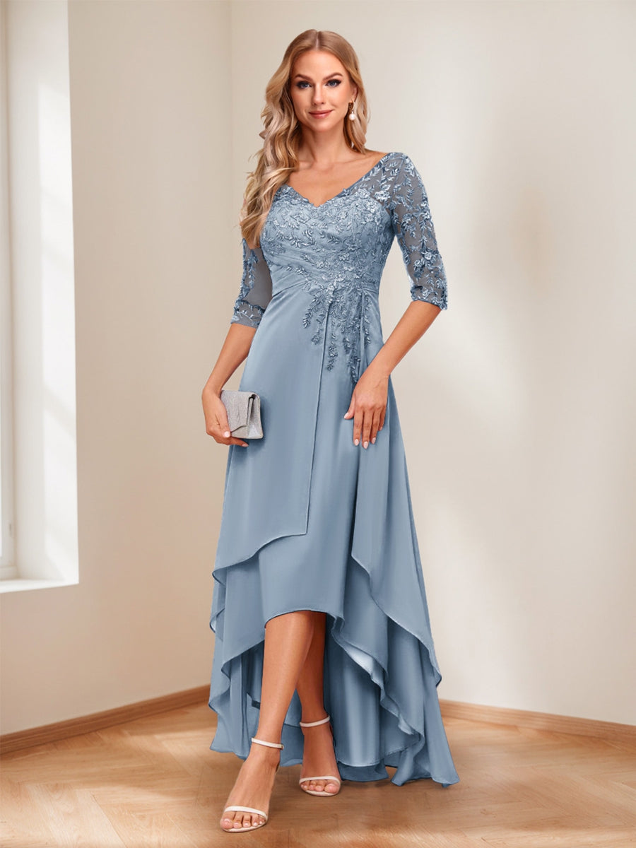 Aurelie dusty blue front view mother of the bride dress