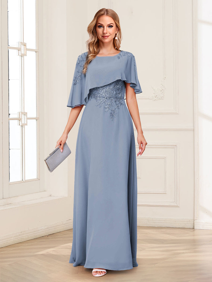 Evelyn June Steel Blue front view mother of the bride dress