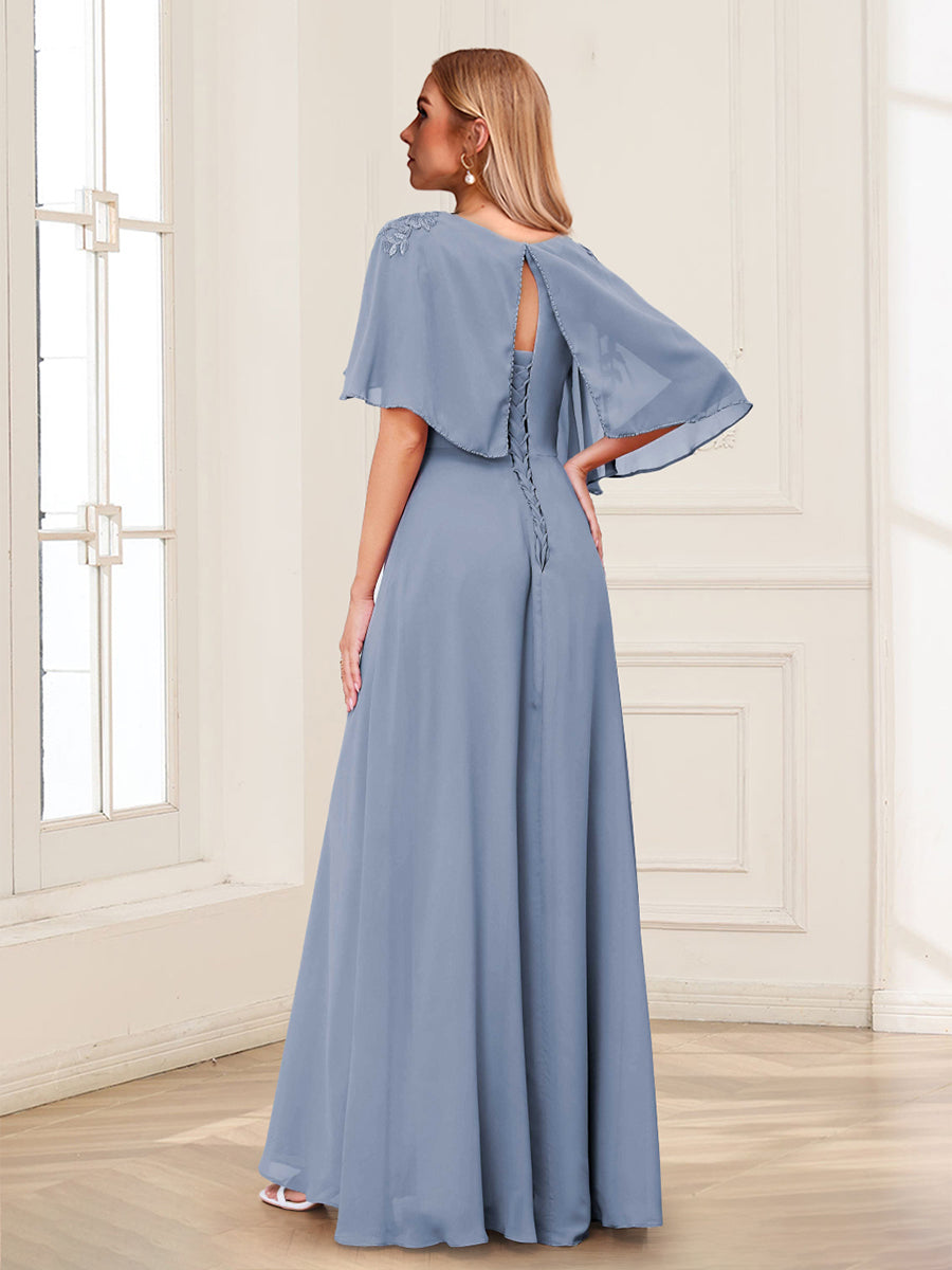 Evelyn June Steel Blue back view mother of the bride dress