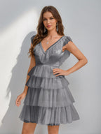 Sorelle steel grey front view homecoming dress