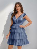 Sorelle steel blue front view homecoming dress