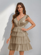 Sorelle taupe front view homecoming dress