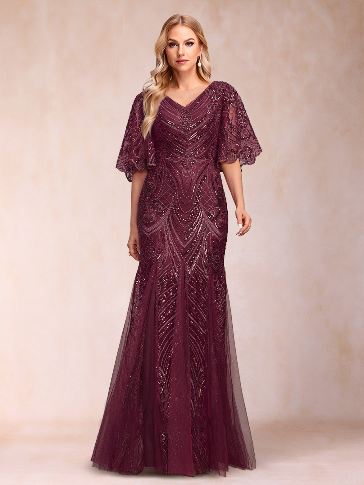 Faye Claire Cabernet front view mother of the bride dress