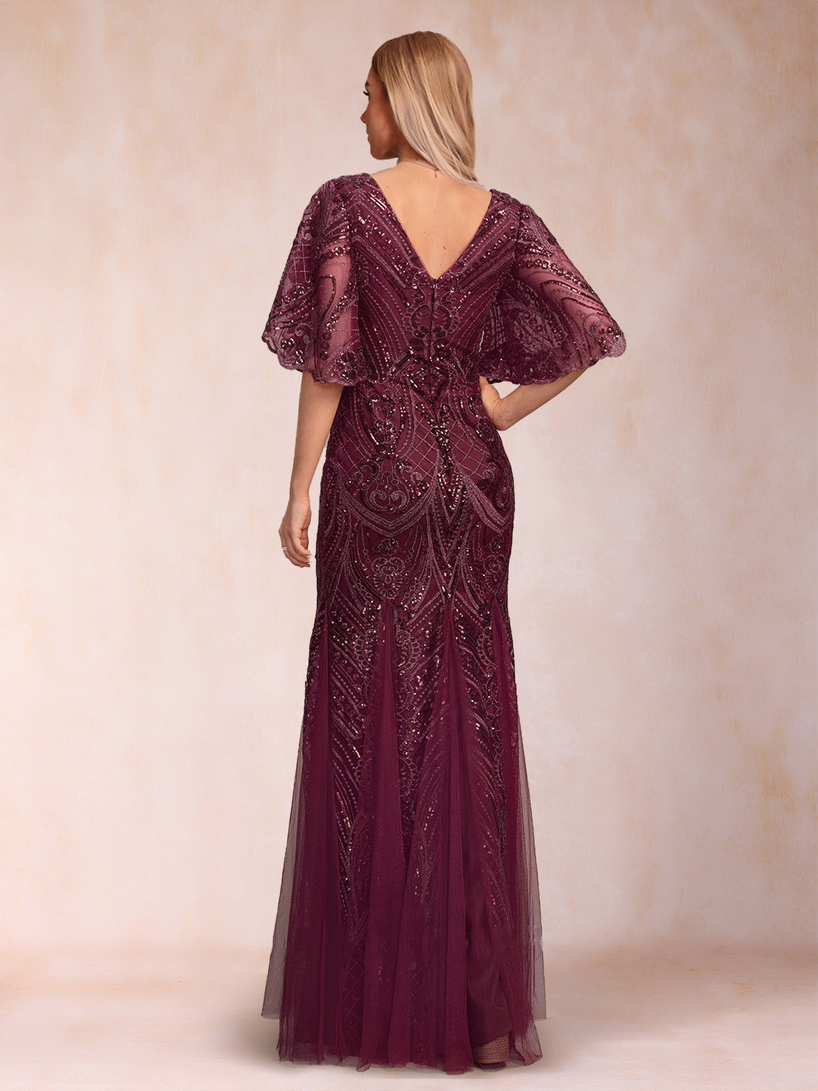 Faye Claire Cabernet back view mother of the bride dress