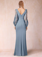 Beth Mae Dusty Blue back view mother of the bride dress