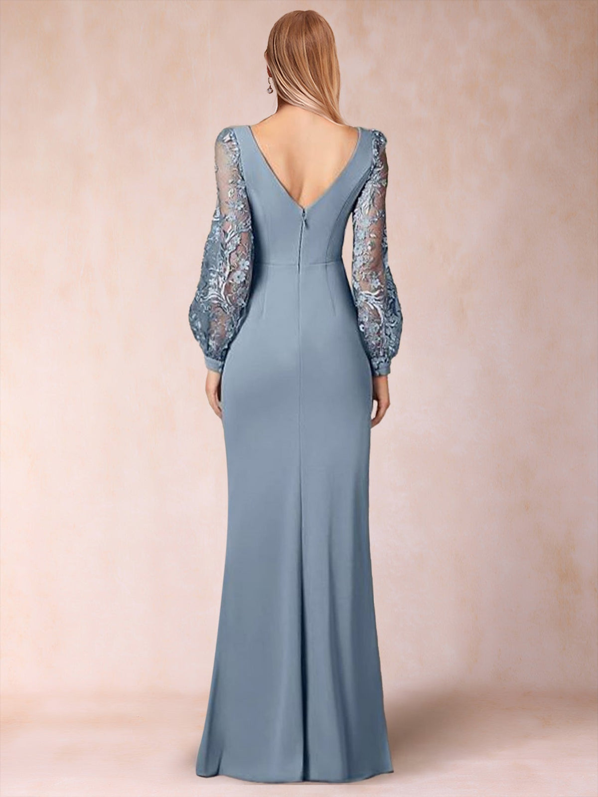 Beth Mae Dusty Blue back view mother of the bride dress