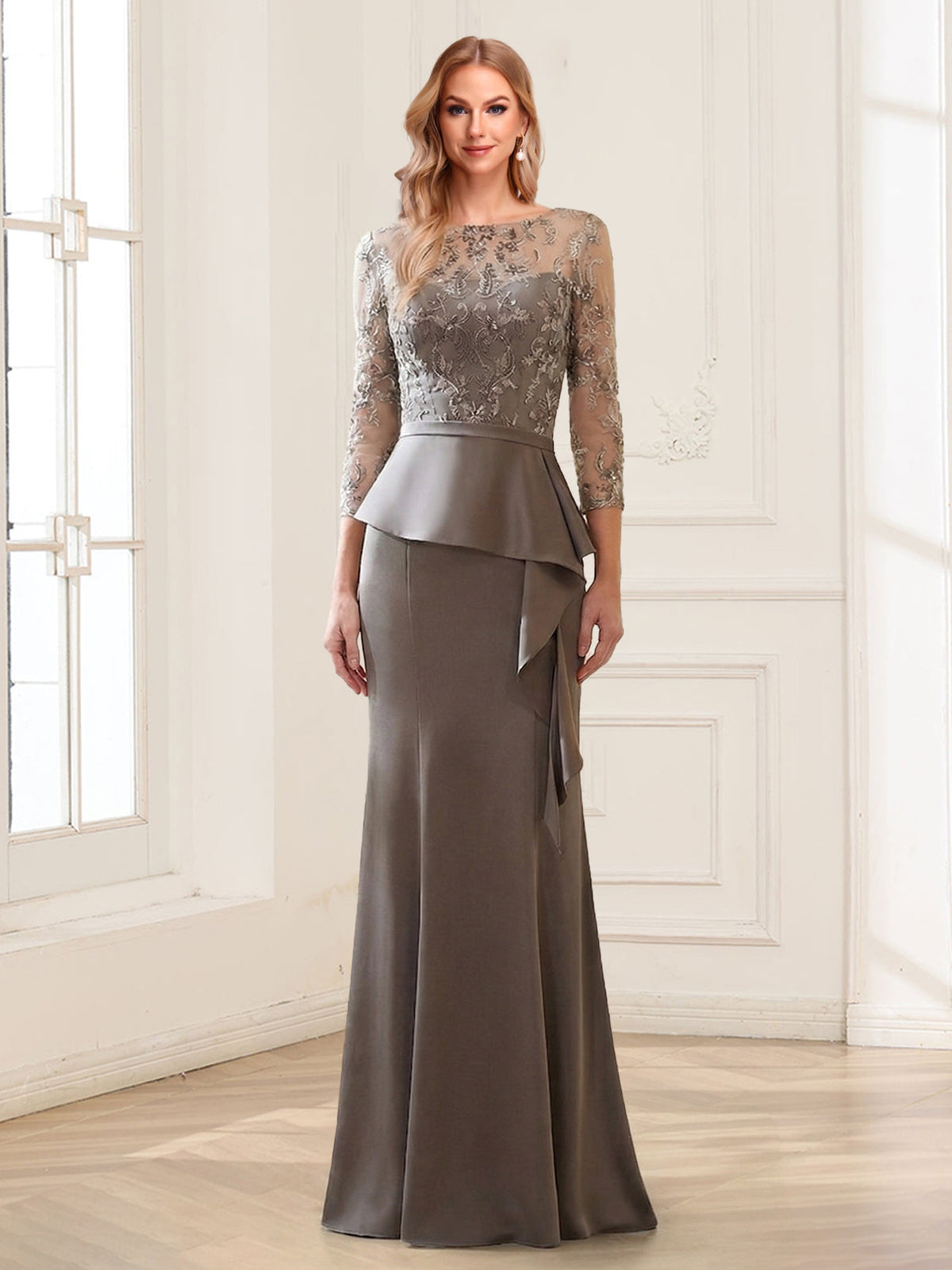Renee Elise Grey front view mother of the bride dress