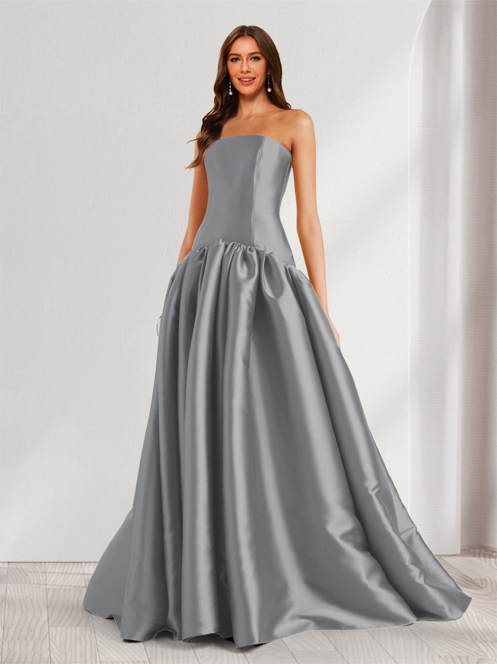 Eulalie steel grey front view prom dress