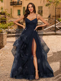 Lucienne Wren Navy Blue front view prom dress