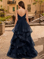 Lucienne Wren Navy Blue back view prom dress