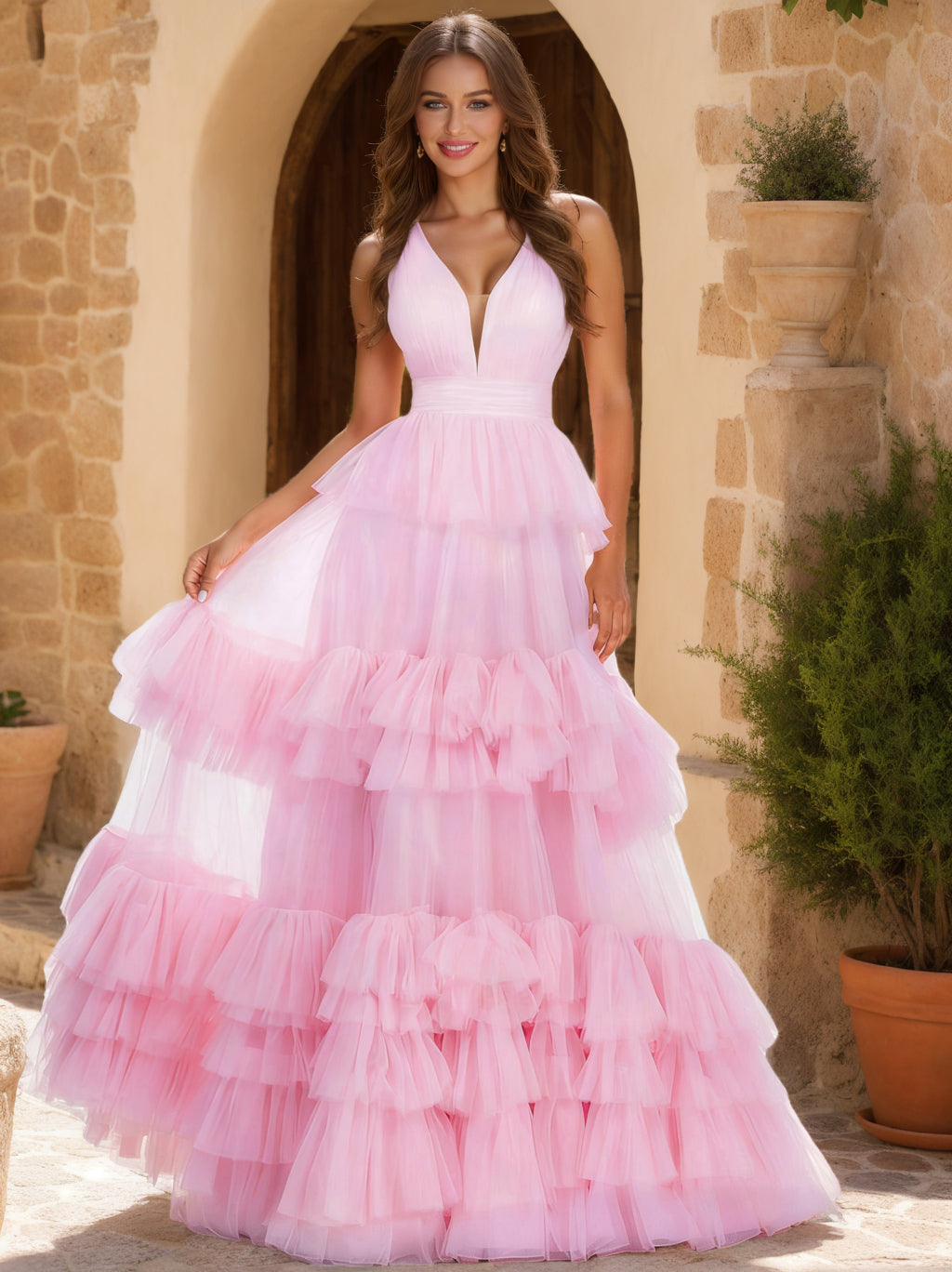 Lorelai Wren Rose Pink front view prom dress