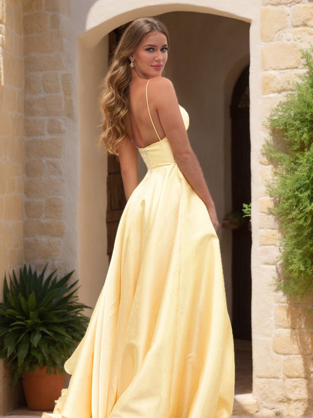 Kestrel Pearl Yellow back view prom dress