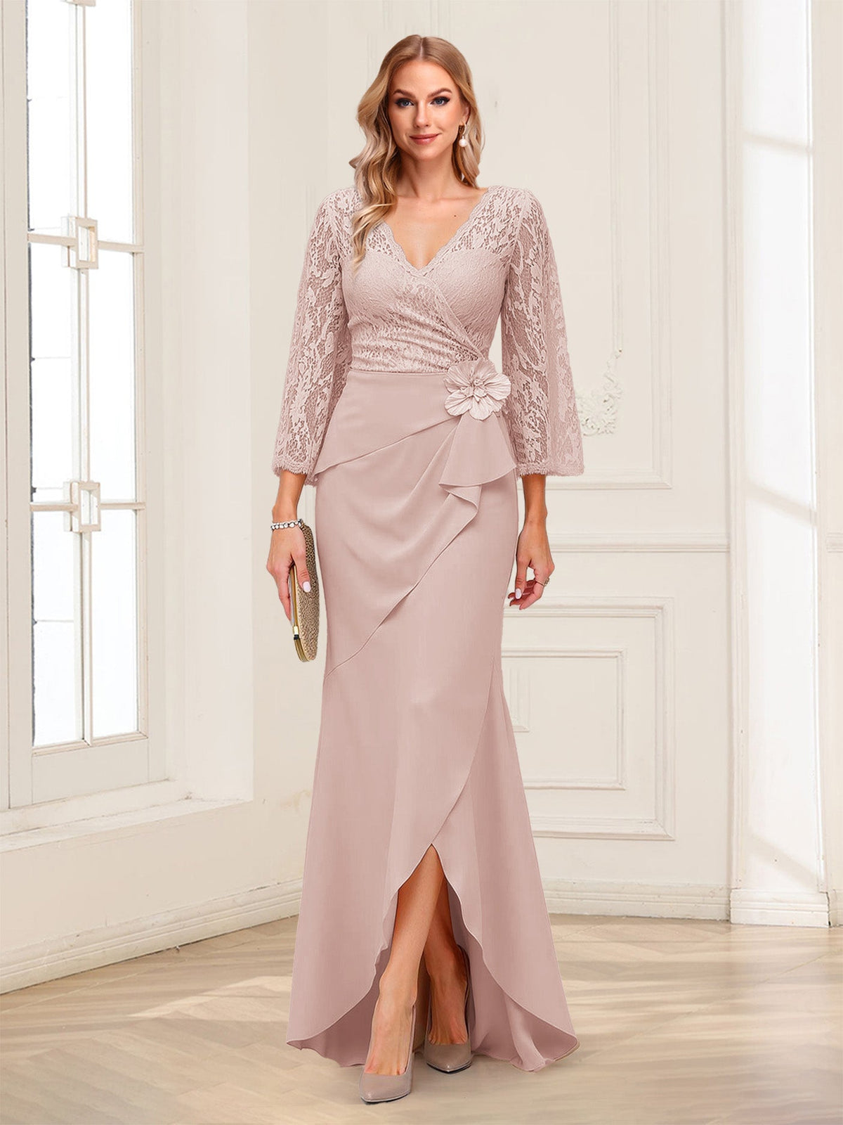 Lucille Rose Blush front view mother of the bride dress