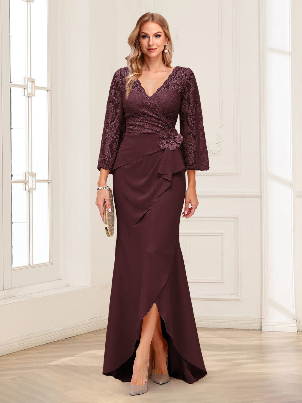 Lucille Rose Burgundy back view mother of the bride dress
