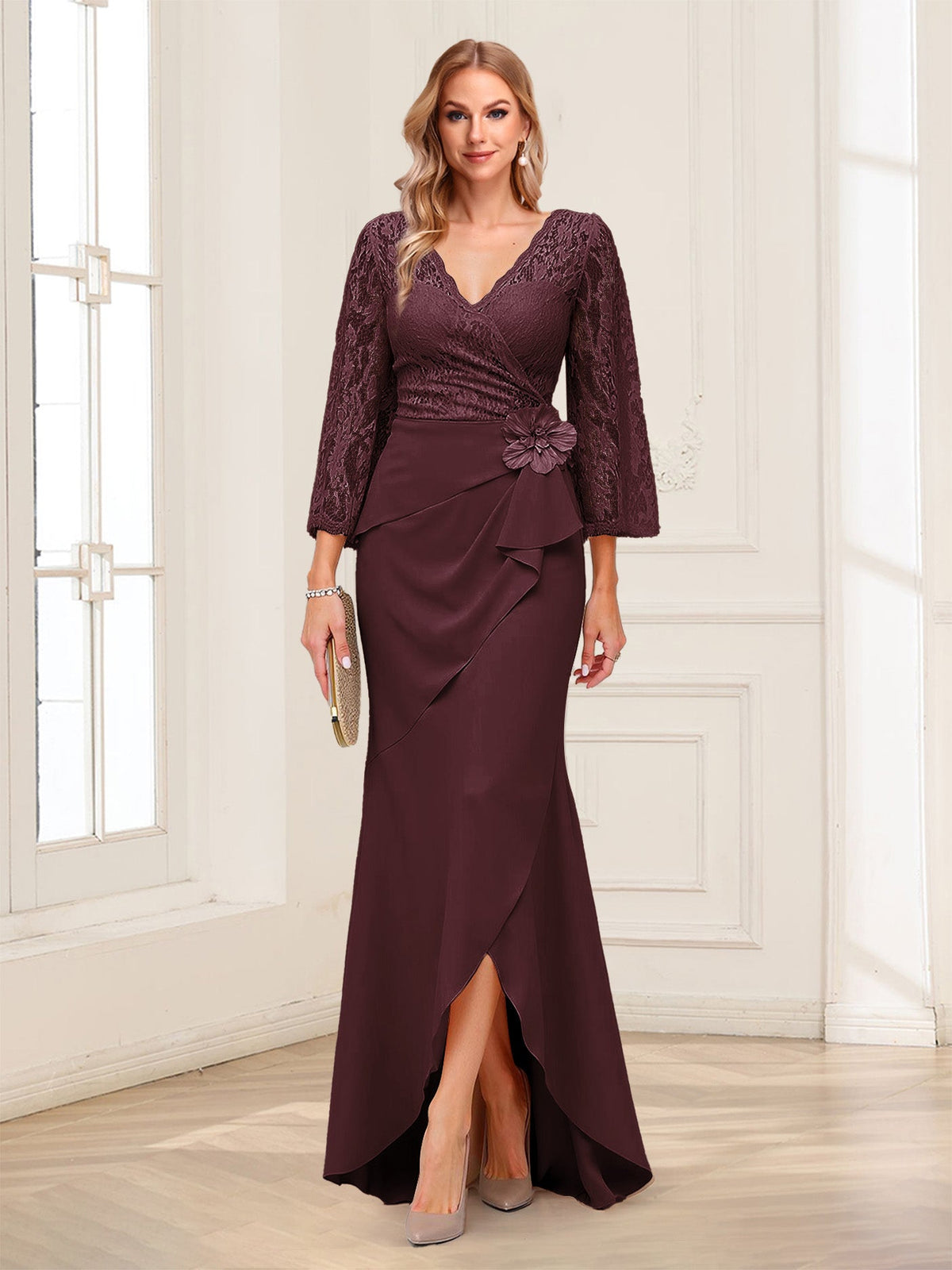 Lucille Rose Burgundy back view mother of the bride dress