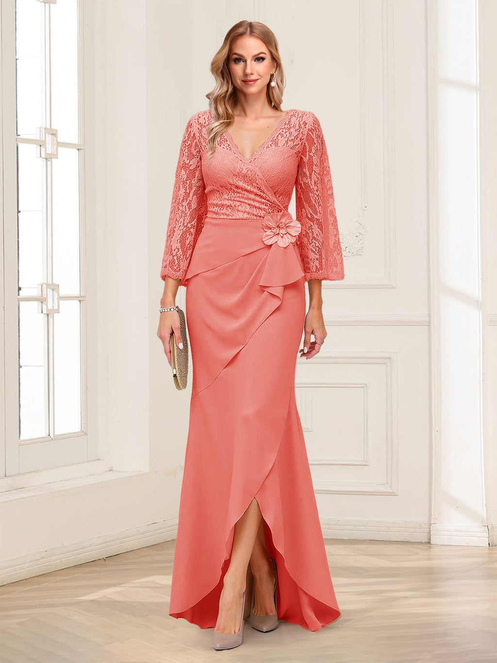 Lucille Rose Coral back view mother of the bride dress