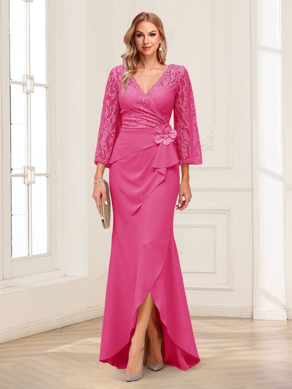 Lucille Rose Hot Pink front view mother of the bride dress
