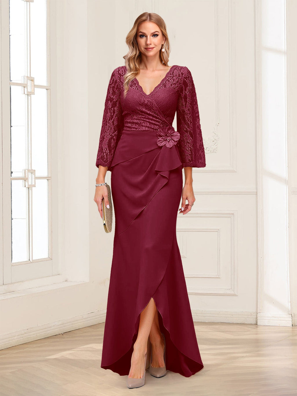 Lucille Rose Burgundy front view mother of the bride dress
