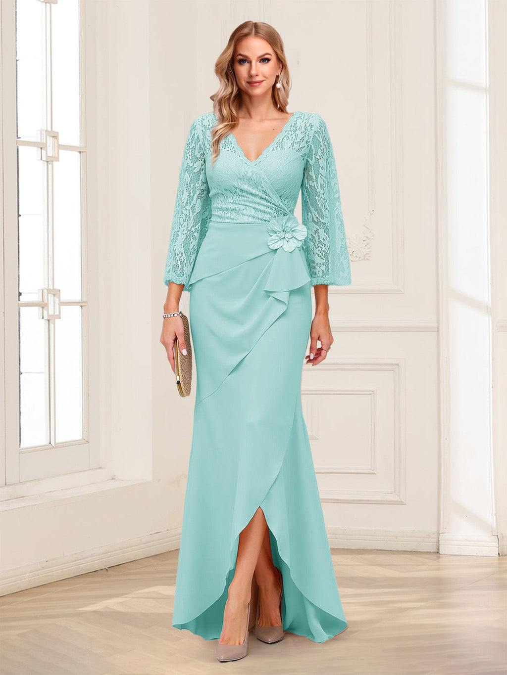 Lucille Rose Sky Blue back view mother of the bride dress