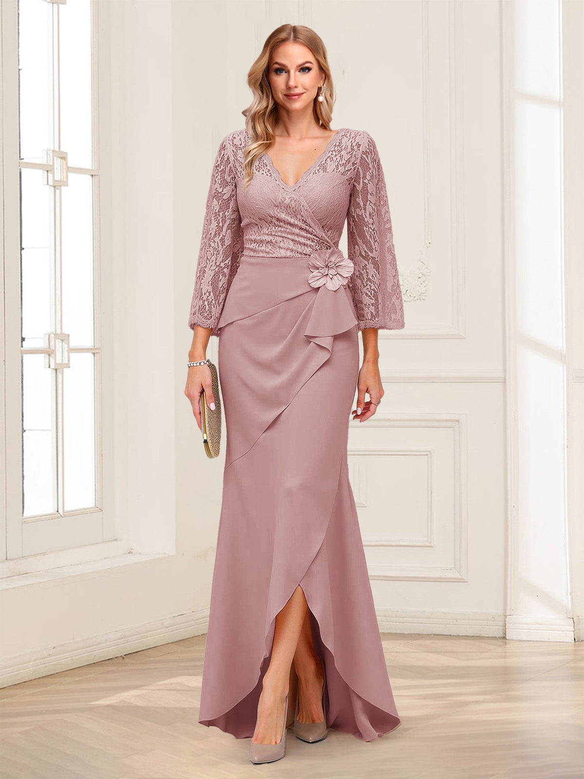 Lucille Rose Mauve front view mother of the bride dress