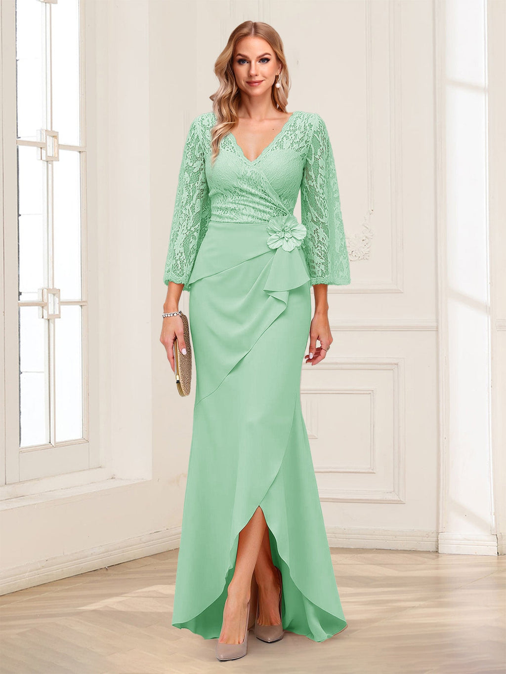 Lucille Rose Mint Green front view mother of the bride dress