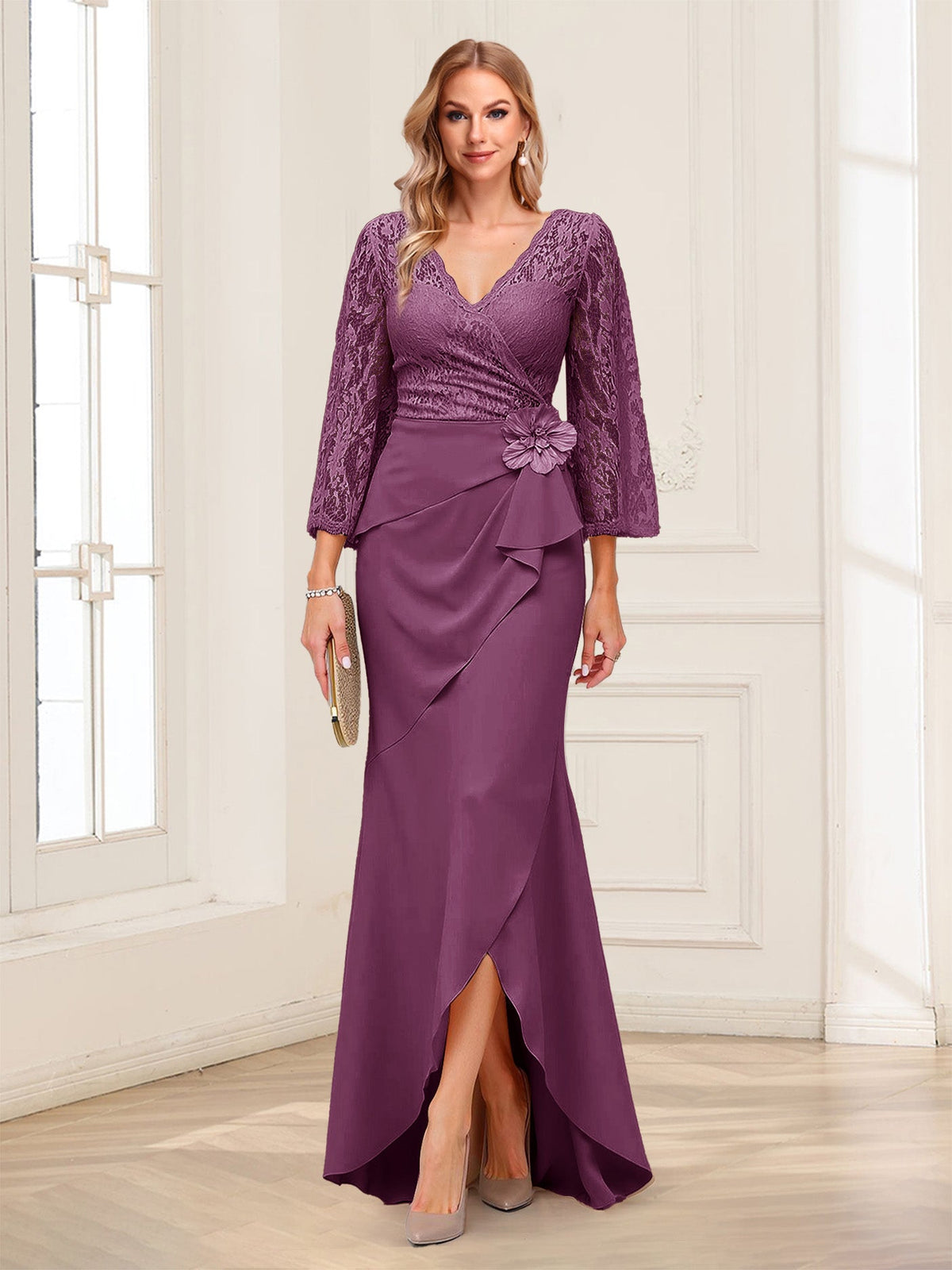 Lucille Rose Plum front view mother of the bride dress