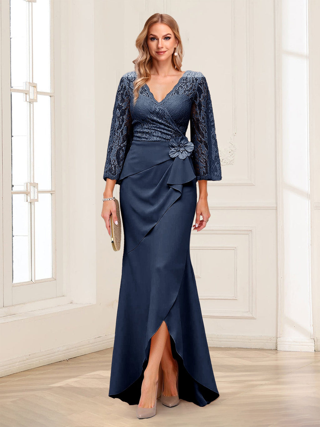 Lucille Rose Navy Blue front view mother of the bride dress