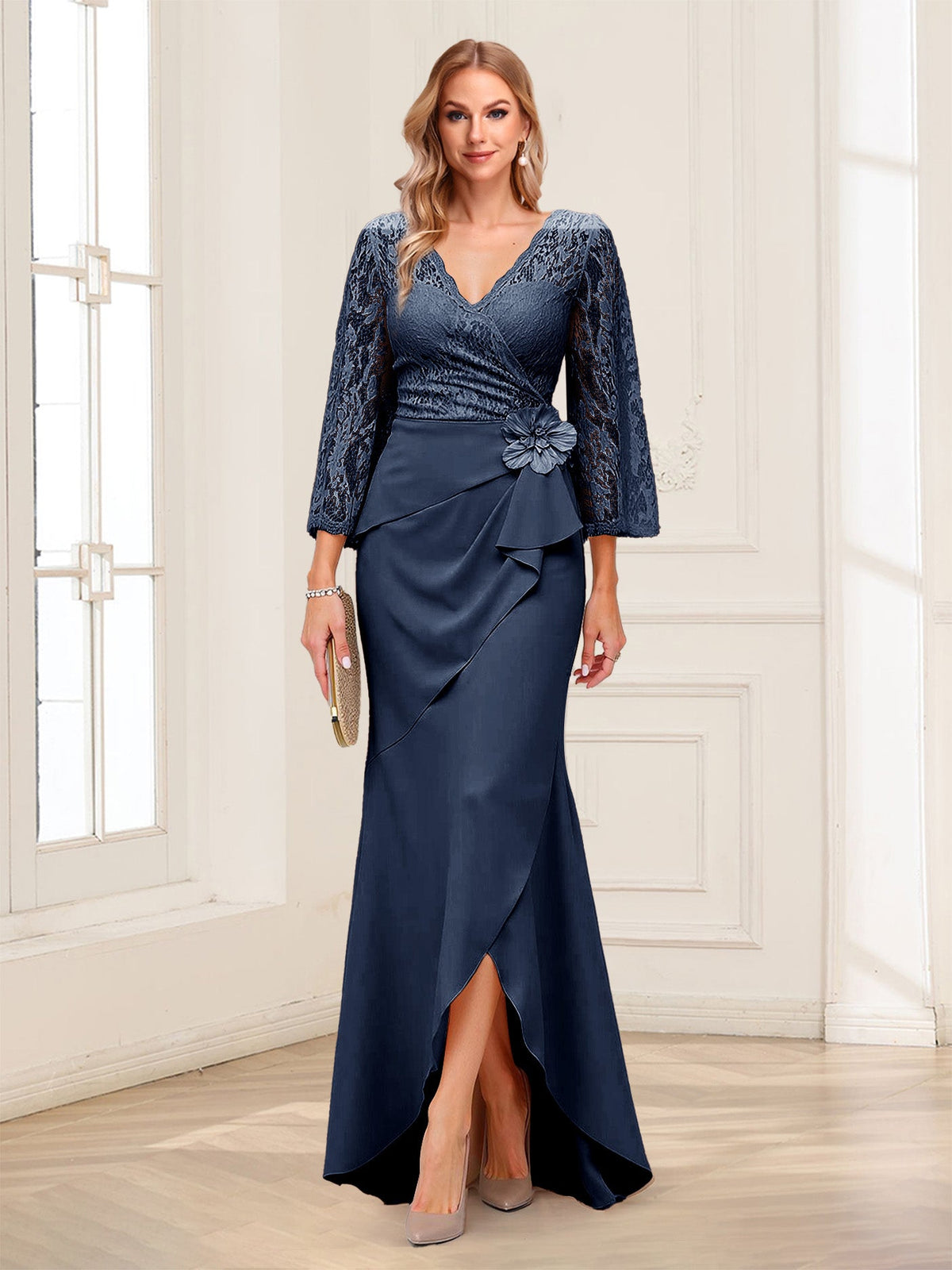 Lucille Rose Navy Blue front view mother of the bride dress