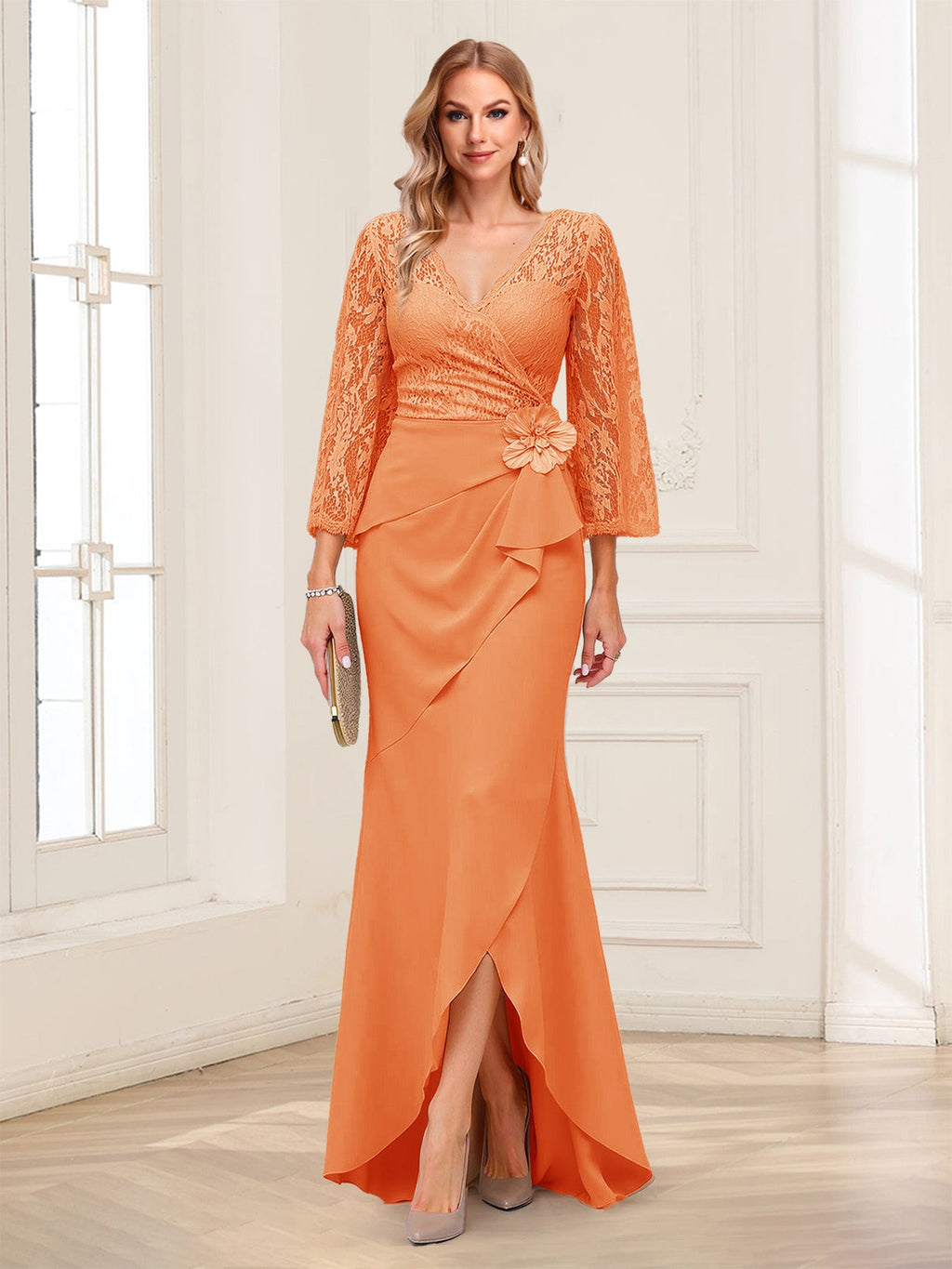 Lucille Rose Orange front view mother of the bride dress