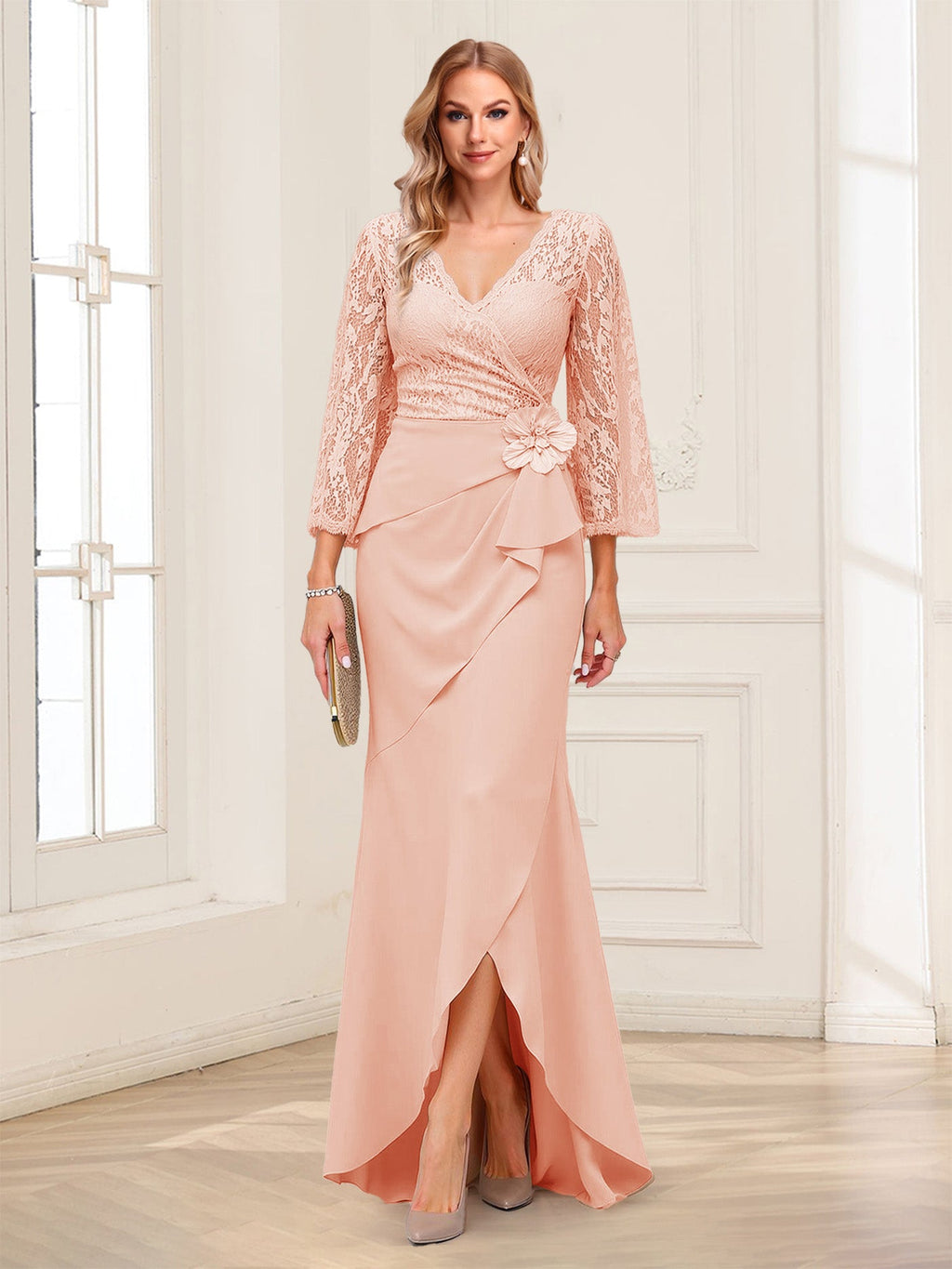 Lucille Rose Peach front view mother of the bride dress