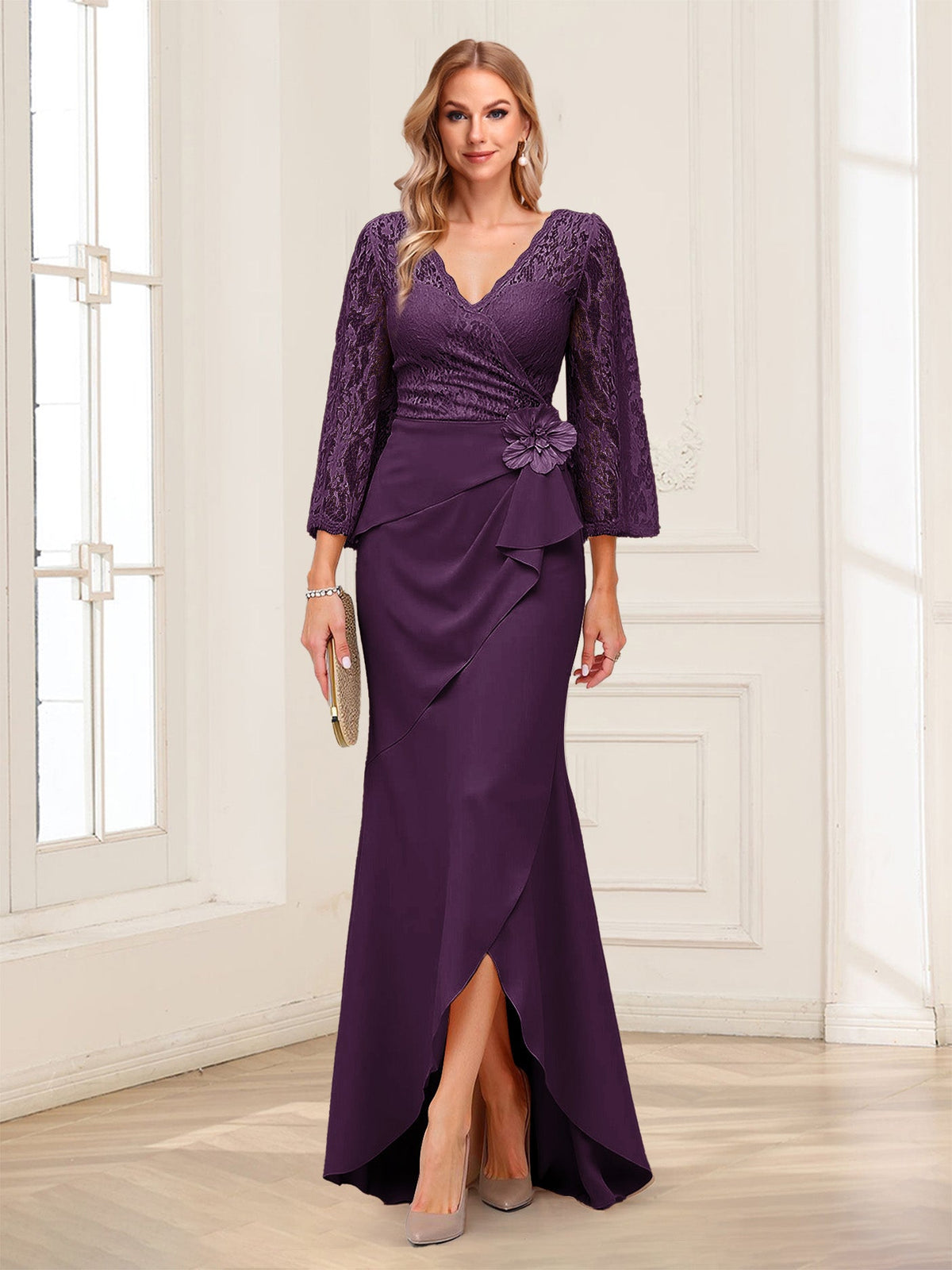 Lucille Rose Plum back view mother of the bride dress