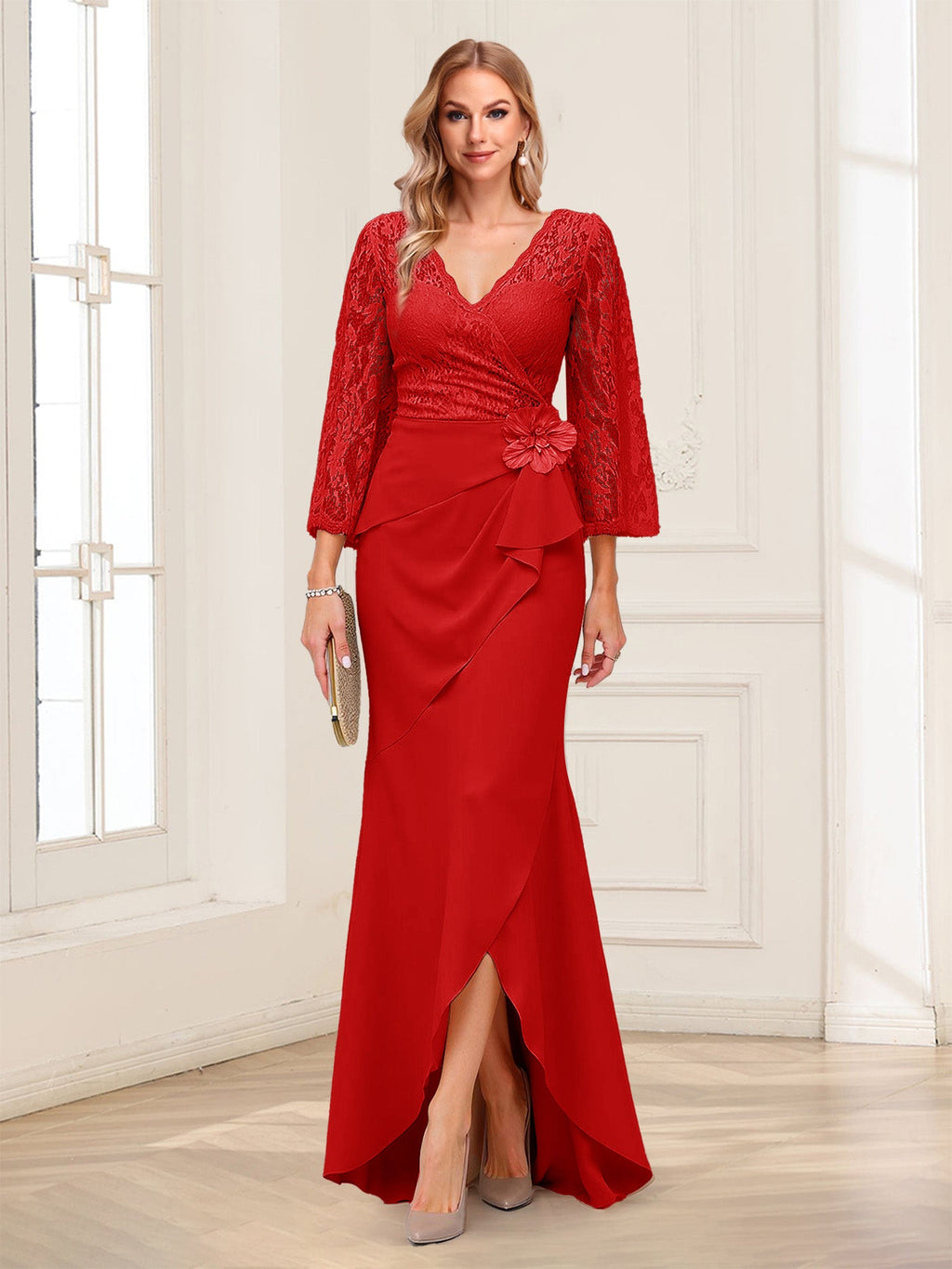 Lucille Rose Red front view mother of the bride dress