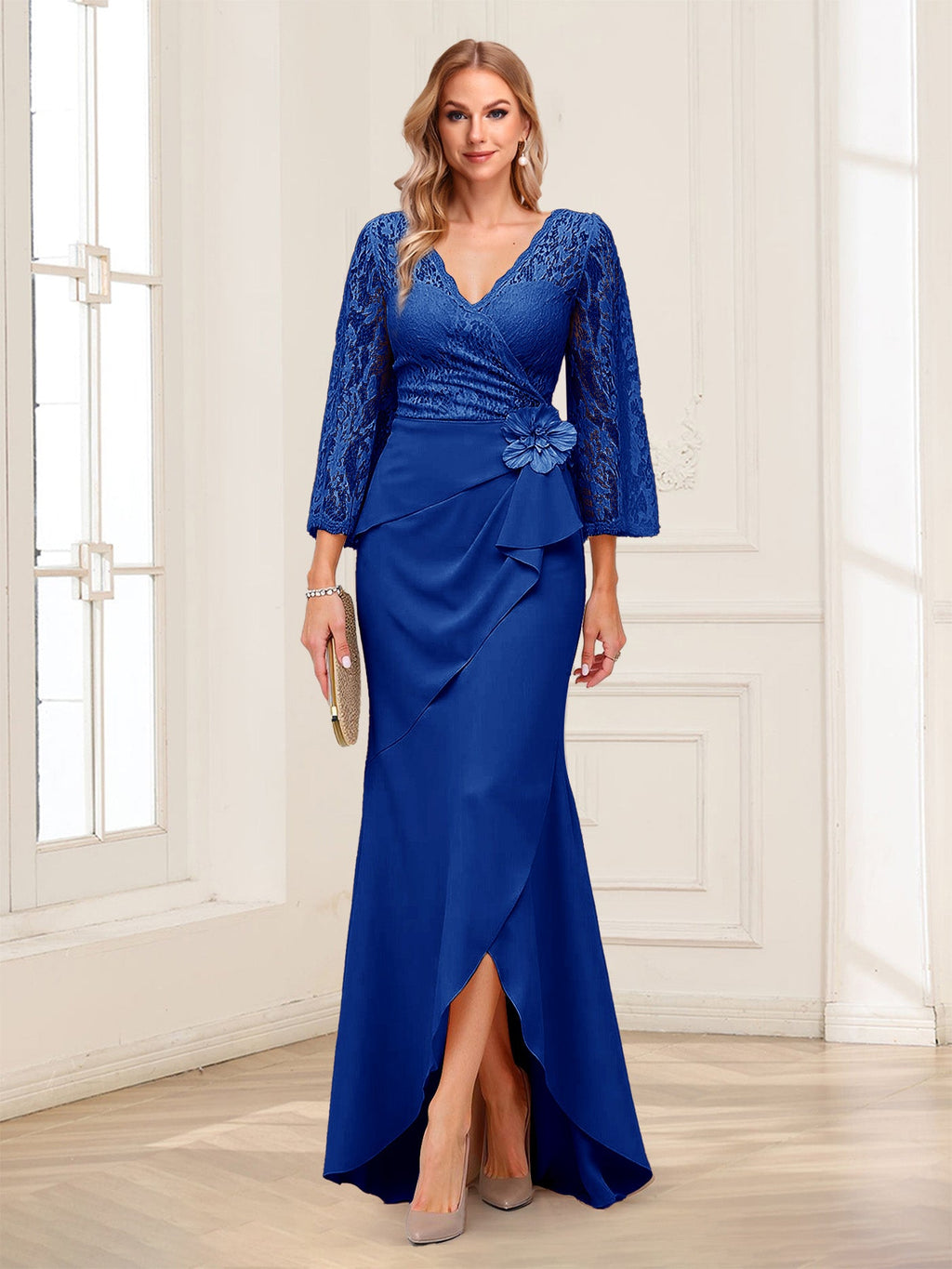 Lucille Rose Royal Blue side view mother of the bride dress