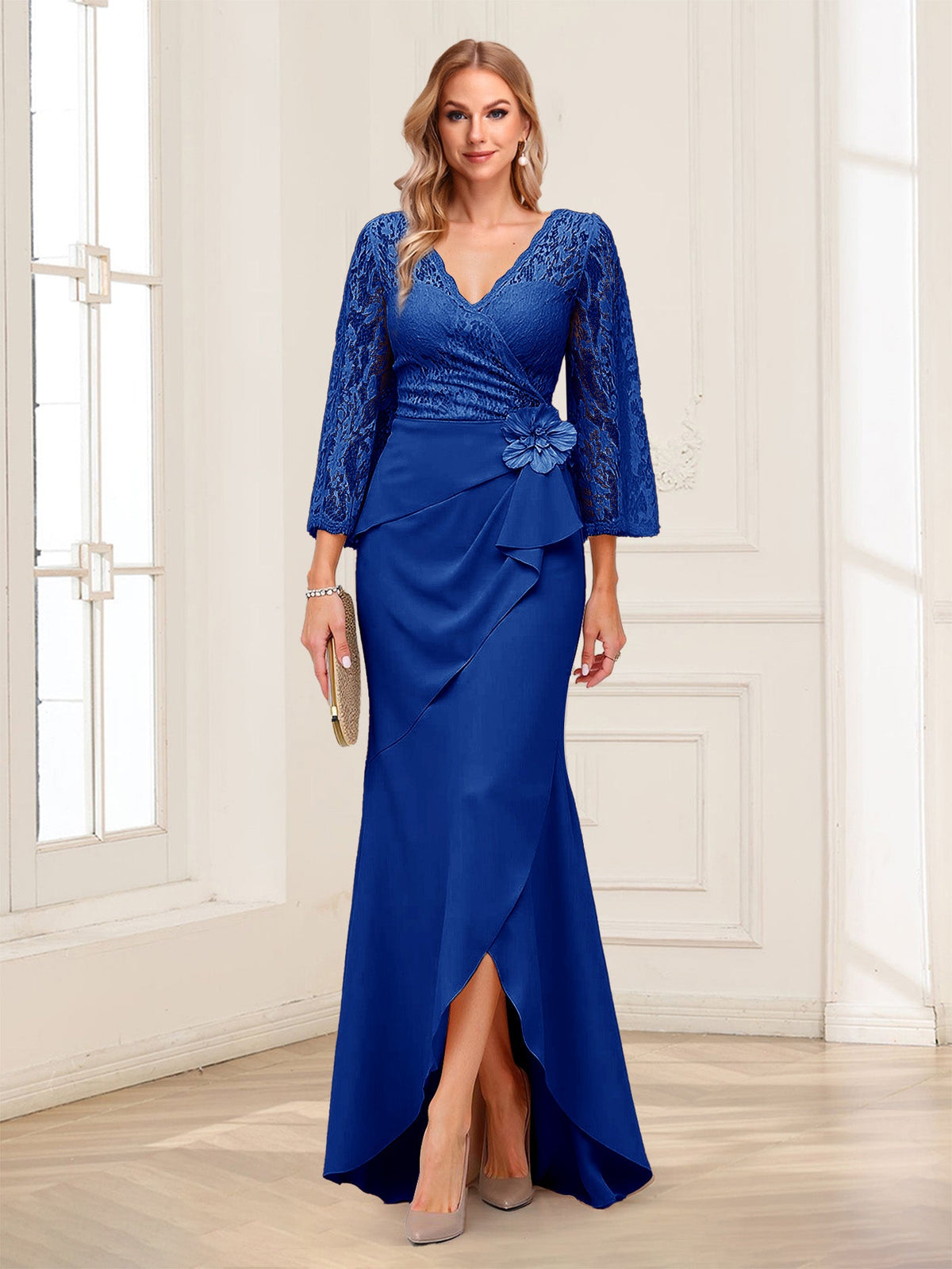 Lucille Rose Royal Blue side view mother of the bride dress