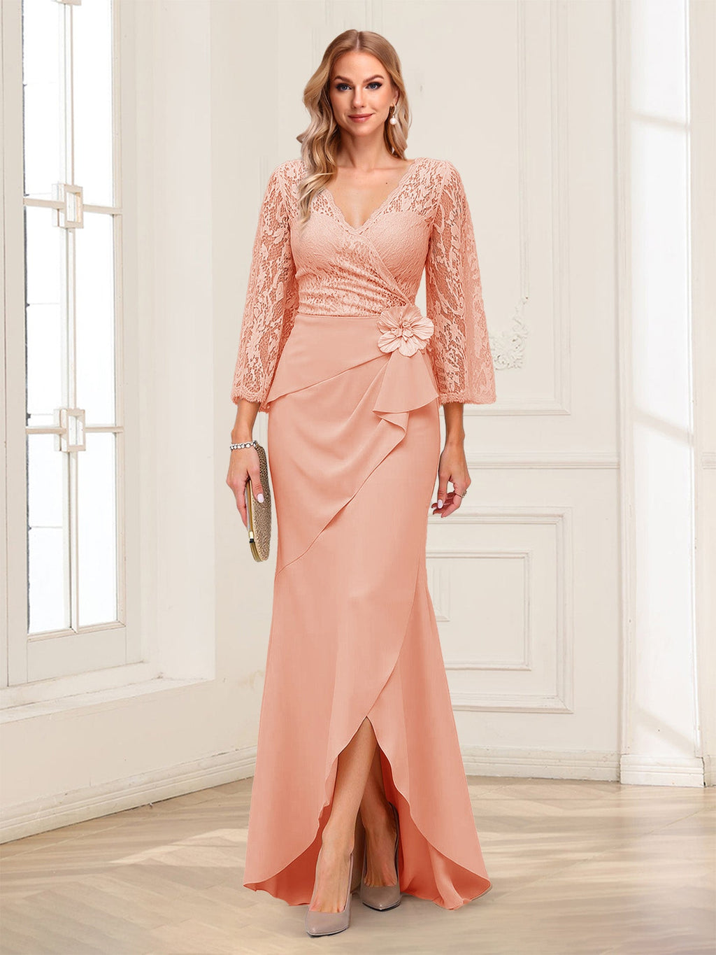 Lucille Rose Coral front view mother of the bride dress