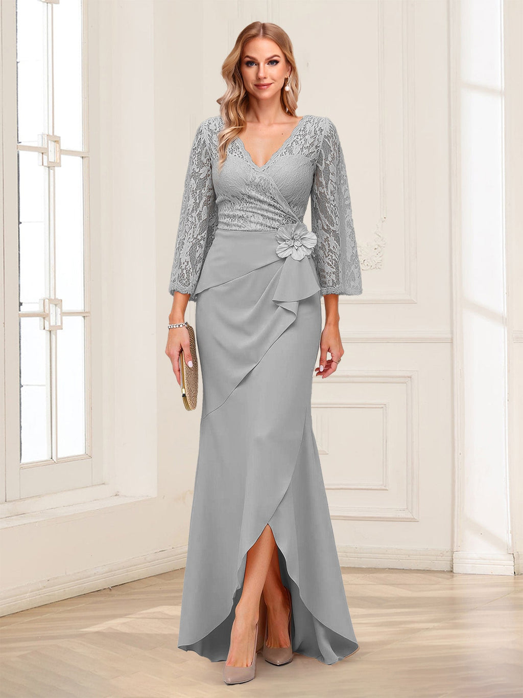 Lucille Rose Silver front view mother of the bride dress