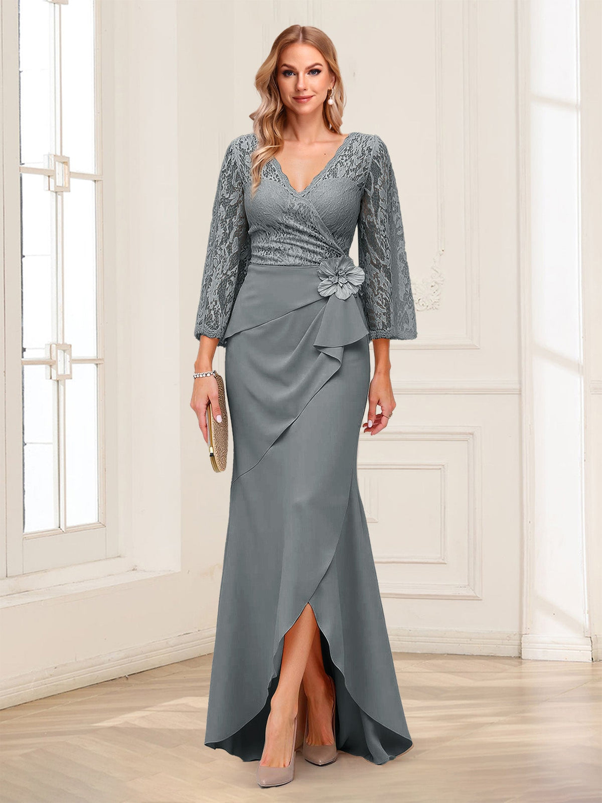 Lucille Rose Steel Grey front view mother of the bride dress