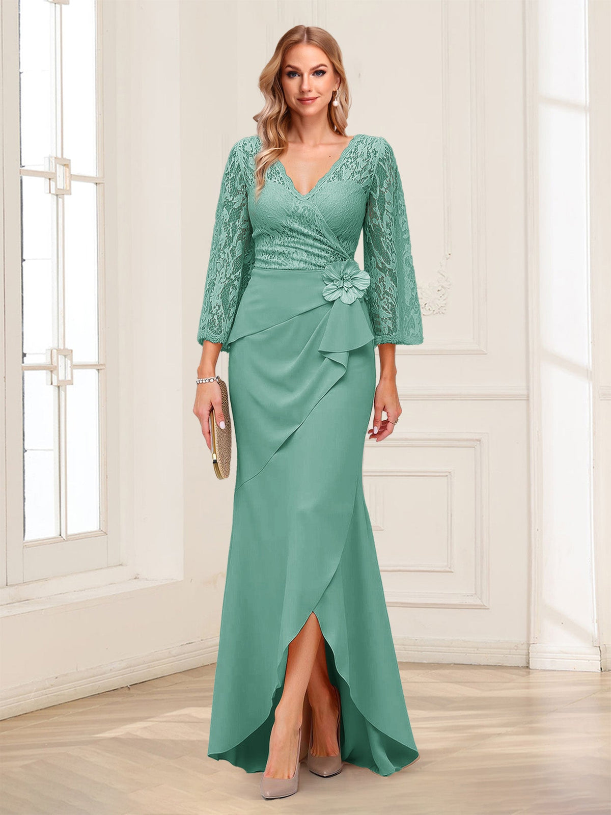 Lucille Rose Pool Blue front view mother of the bride dress