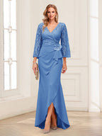 Lucille Rose Steel Blue front view mother of the bride dress