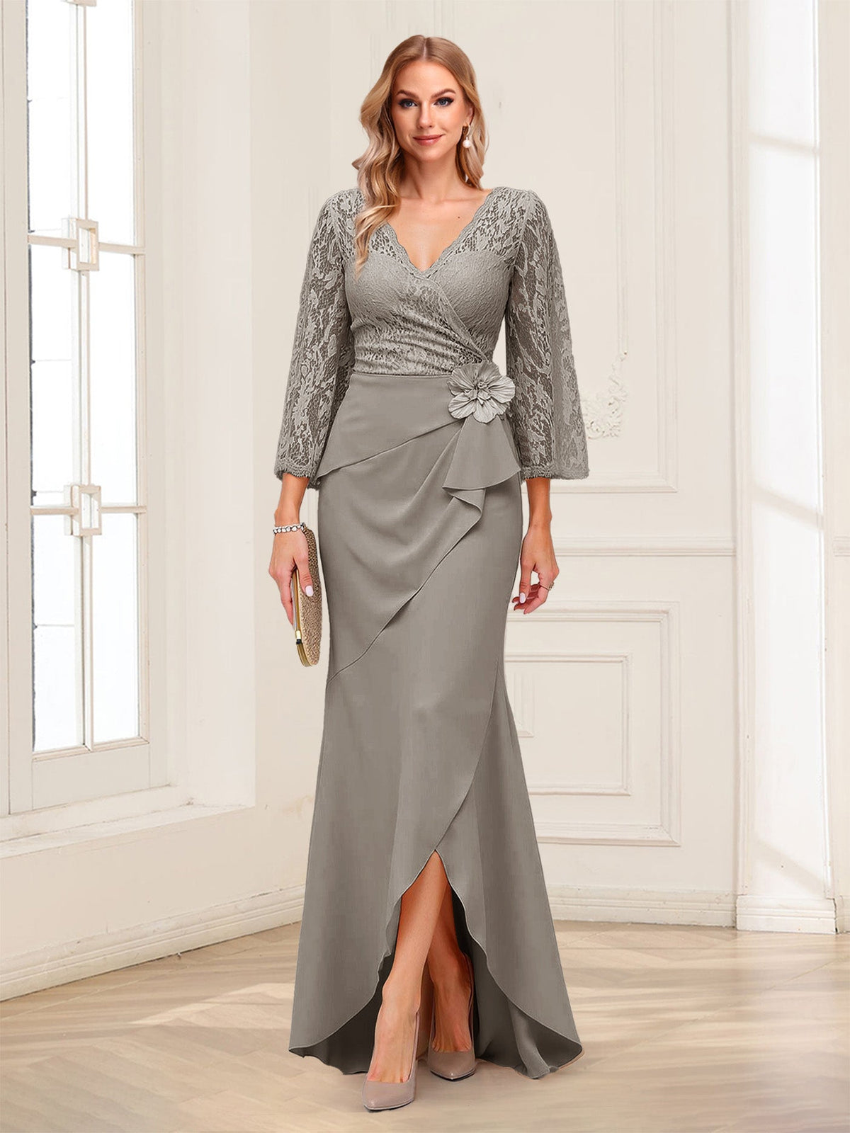 Lucille Rose Taupe front view mother of the bride dress