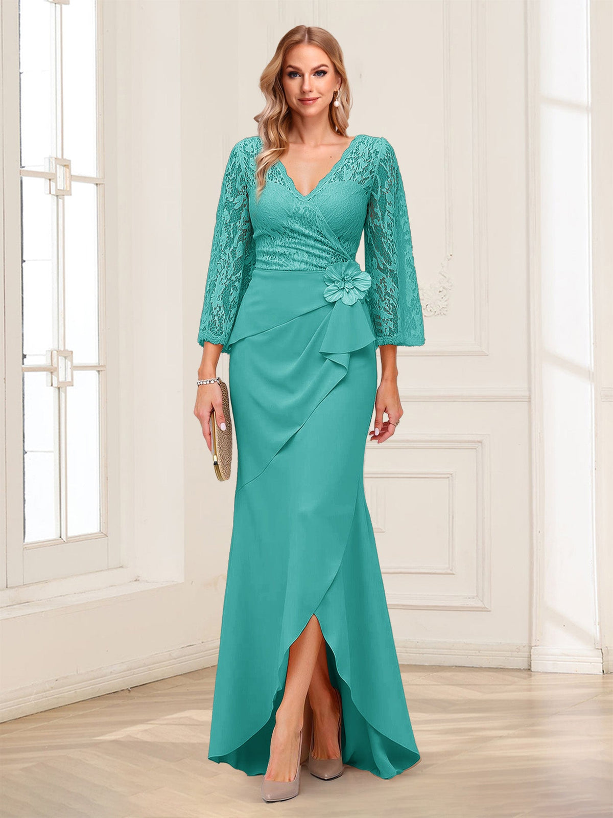 Lucille Rose Turquoise front view mother of the bride dress