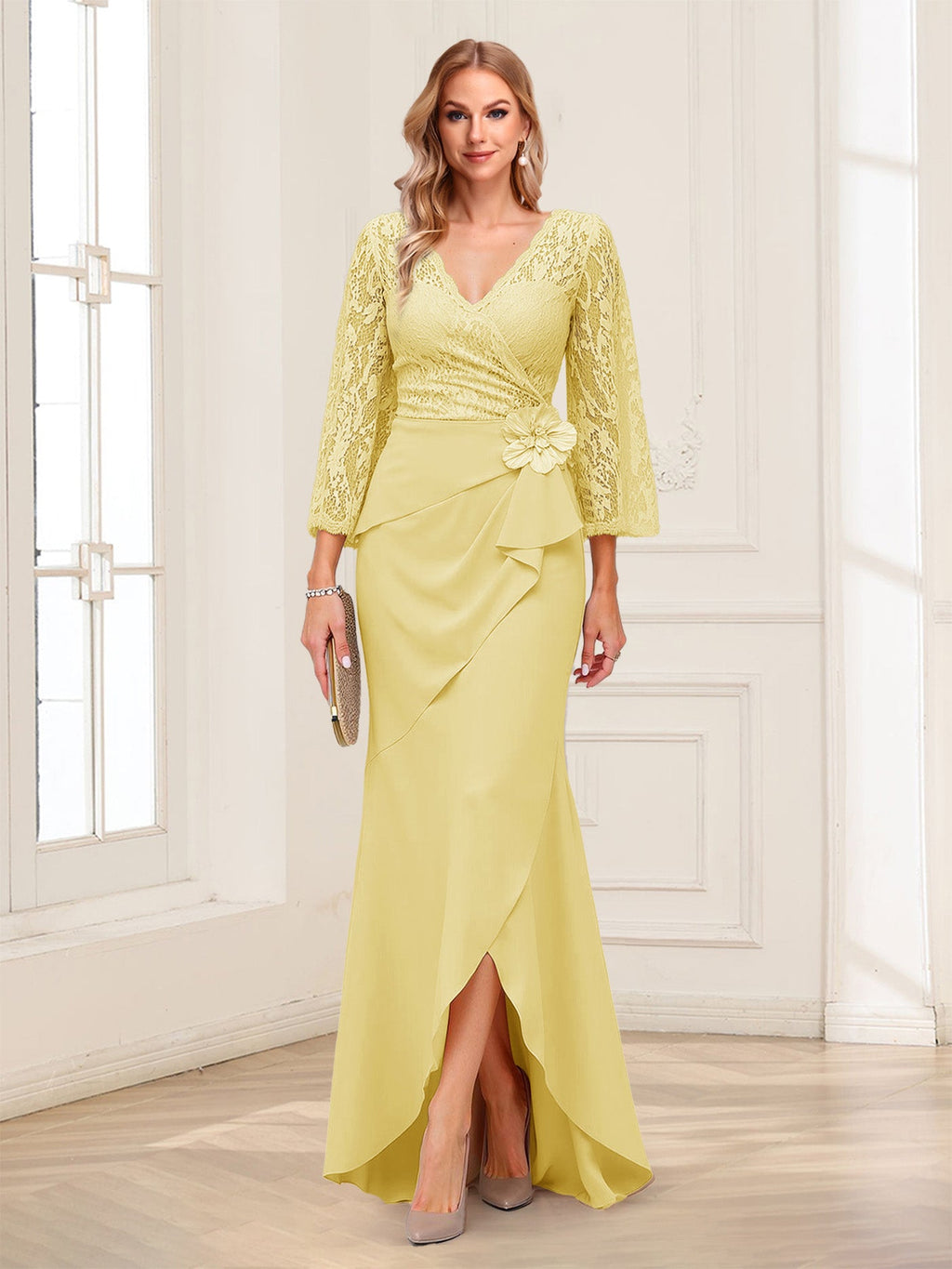 Lucille Rose Yellow front view mother of the bride dress