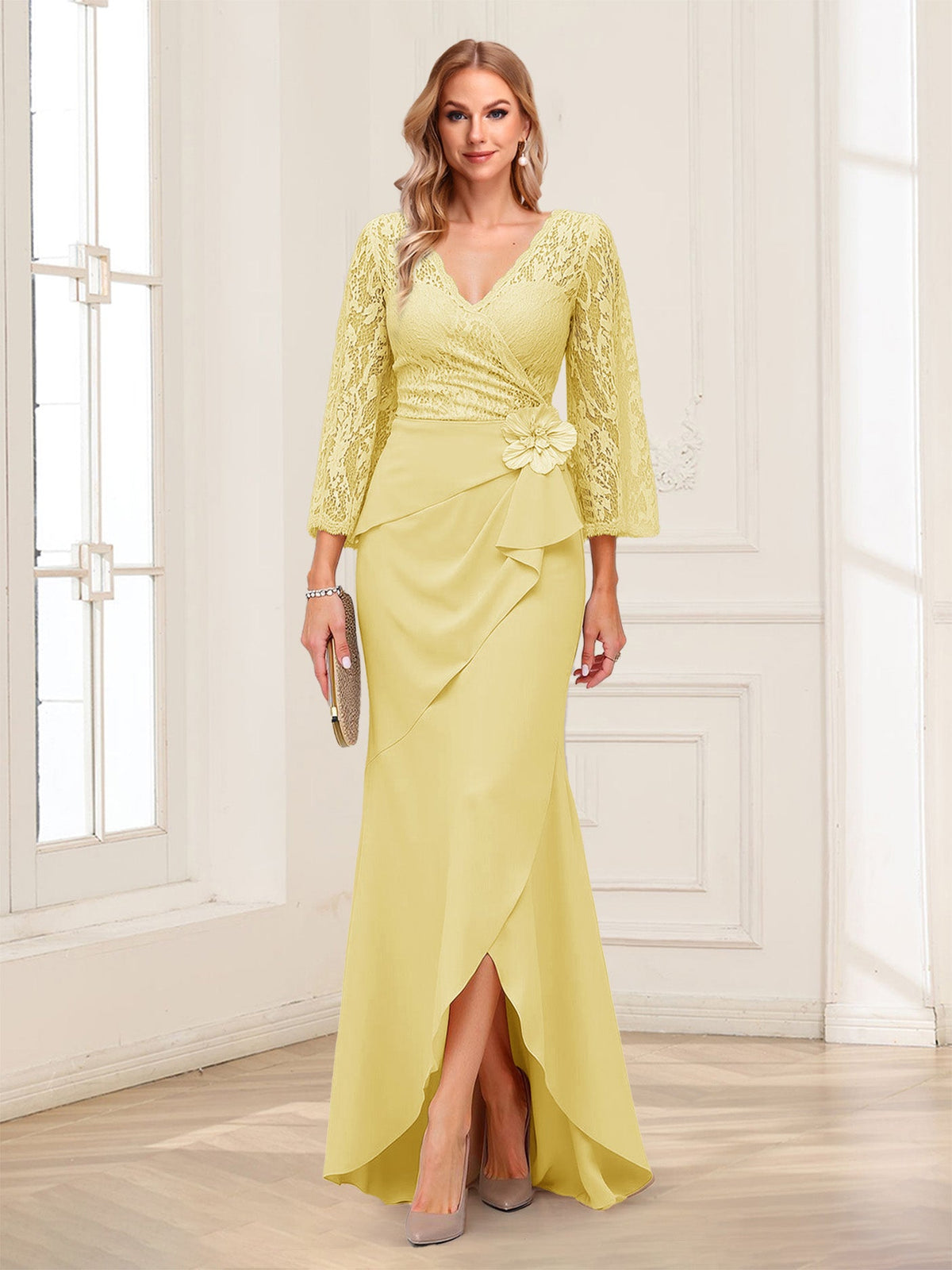 Lucille Rose Yellow front view mother of the bride dress