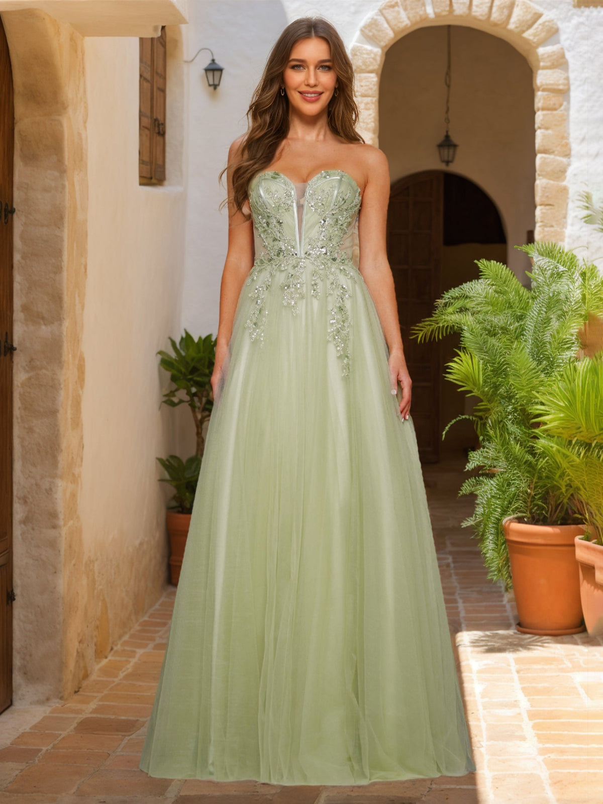 Adelisse Rue Sage Green front view prom dress